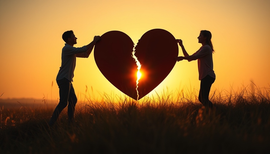 Silhouetted figures pushing a broken heart together at sunrise, symbolizing dealing with grief in families.