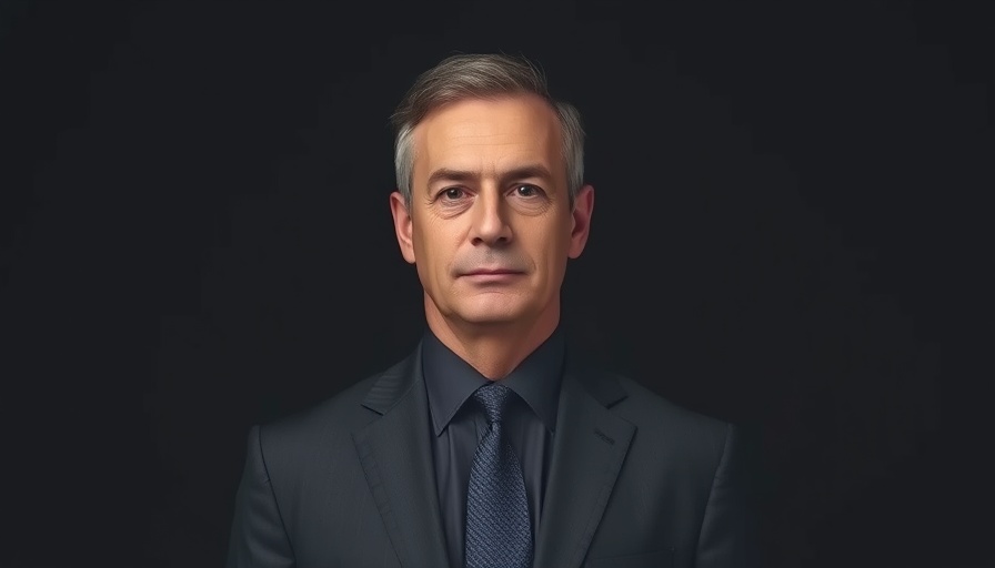 Portrait of a middle-aged man in a dark suit, Tesla AI abundance.