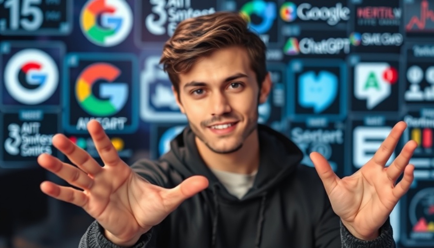 AI SEO Website Analyzer news presentation with technology icons.