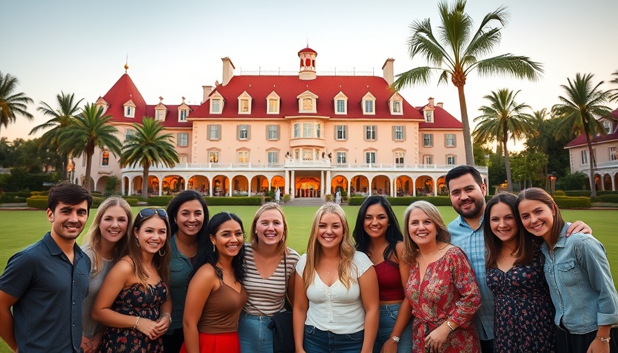 Happy group posing at a historic hotel during sunset, fitness tips for the weekend.