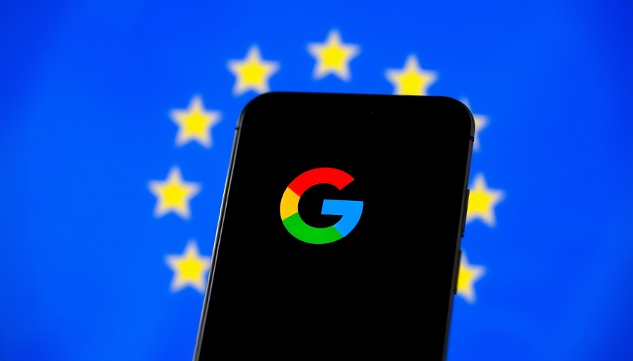 Google logo on phone with EU flag backdrop symbolizes $3.5 billion fine.