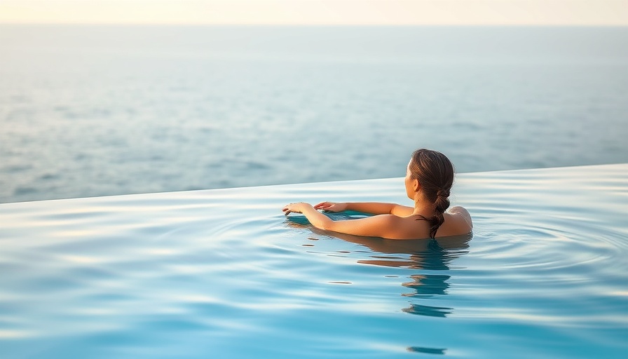 Woman letting go in serene infinity pool, calm ocean view.