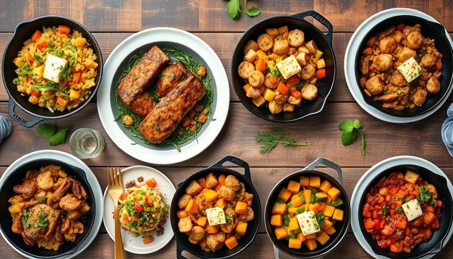 Colorful low-carb skillet meals showcasing meats, vegetables, and cheeses.