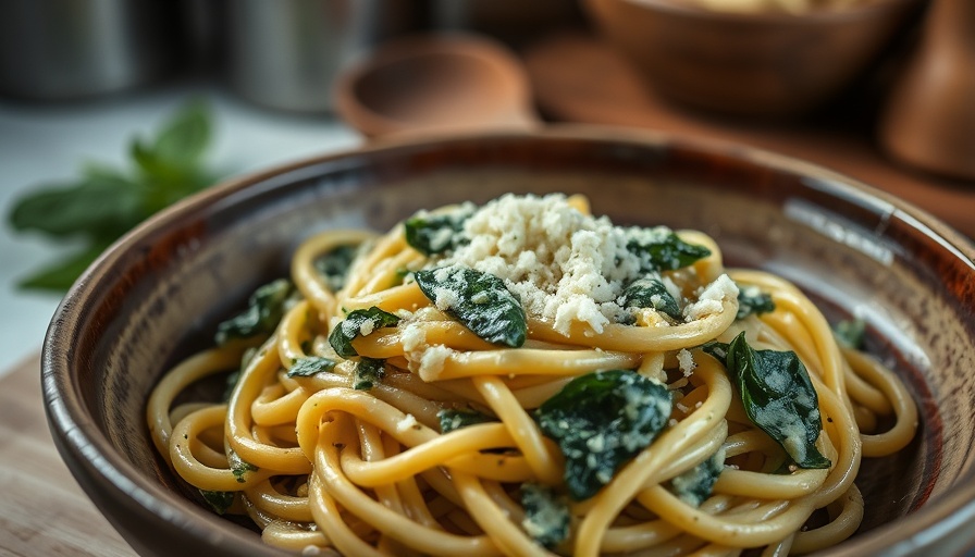 Delicious creamy spinach pasta with parmesan in a rustic plate.