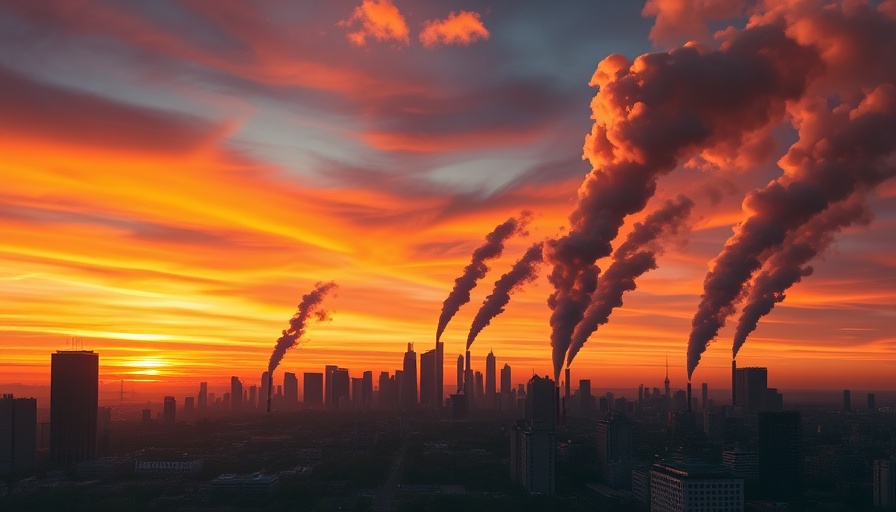 Skyline with CO2 emissions forming letters, illustrating environmental impact.