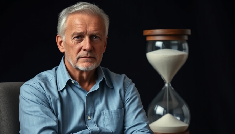 Focused man seated beside an hourglass, overcoming procrastination with AI solutions.