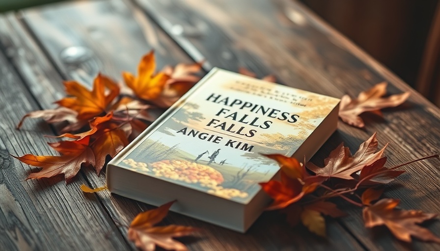 'Happiness Falls' by Angie Kim book on a table with autumn leaves