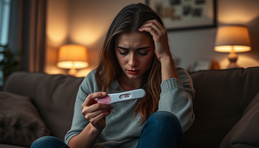 Concerned woman holds a pregnancy test on a couch, highlighting Ozempic pregnancy risks.