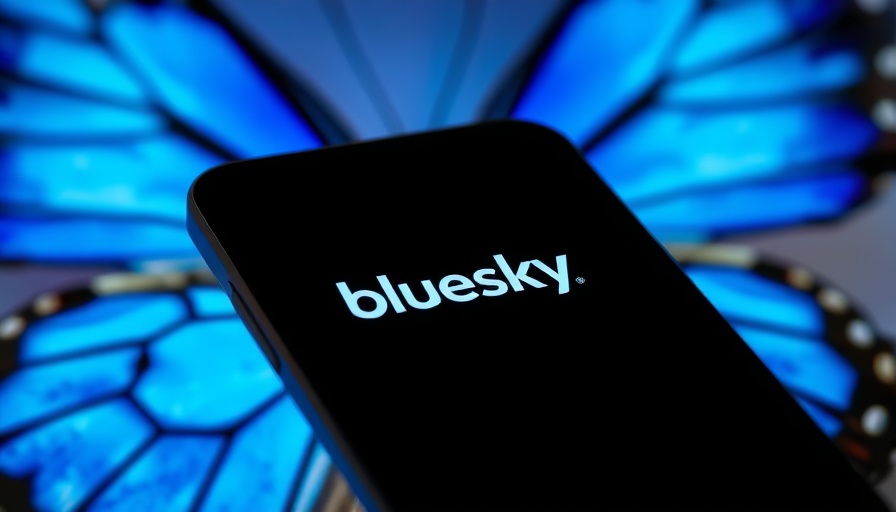 Bluesky logo on phone with abstract blue background