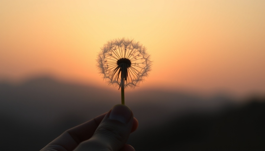 Tranquil moment with dandelion against sunset sky.