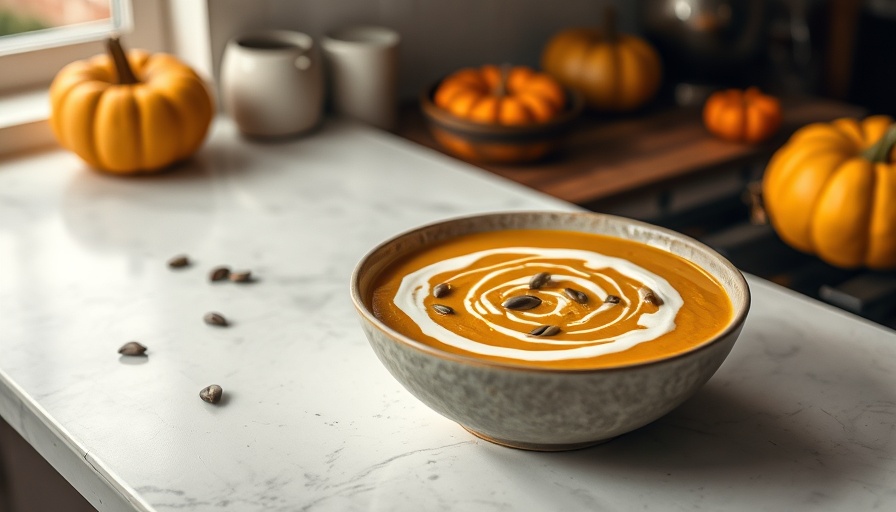 Steamy bowl of creamy pumpkin soup with cream and seeds.