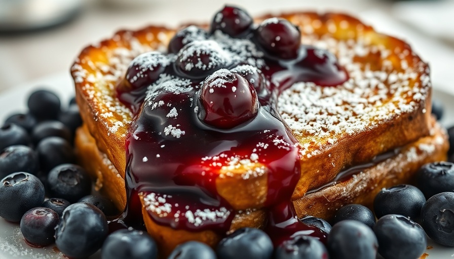 Overnight stuffed French toast with berry compote and blueberries.