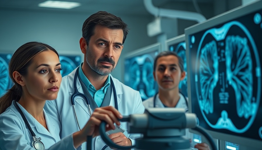 Healthcare professionals examining lung CT scans in a medical setting.