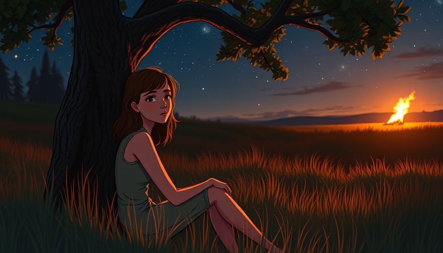 Contemplative woman letting go of revenge by a distant fire.
