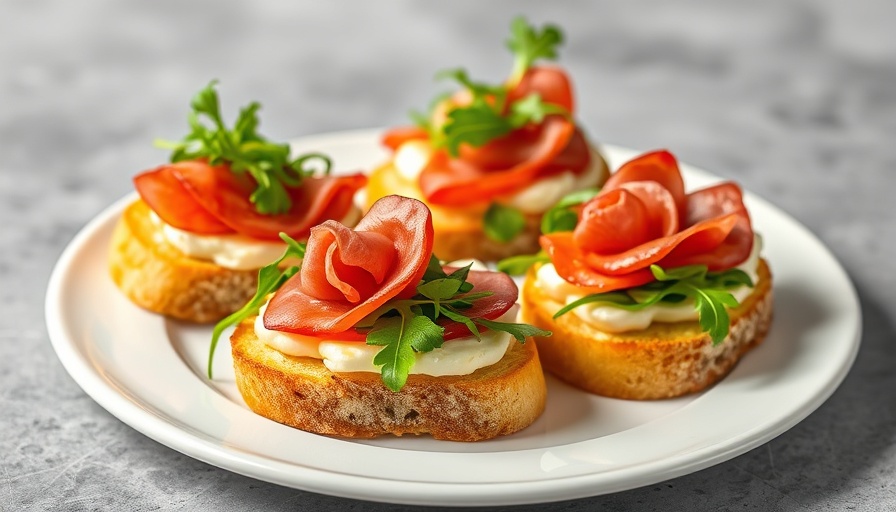 Apple and brie crostini topped with prosciutto and arugula on a plate.