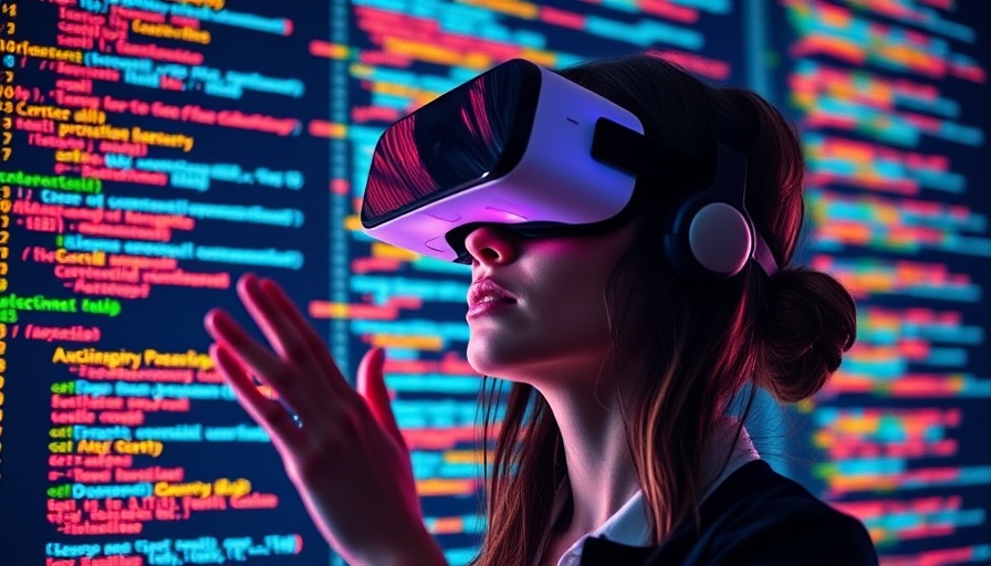 Woman in VR headset engaging with digital code on large screen representing smart contract scalability.