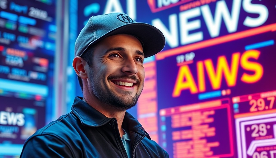 Man discussing the latest AI innovations with digital backdrop.