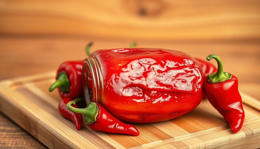 Jar of roasted red peppers on wooden board showcasing benefits.