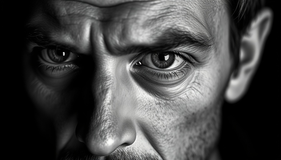 Close-up black and white portrait of a man, intense expression, dramatic lighting.