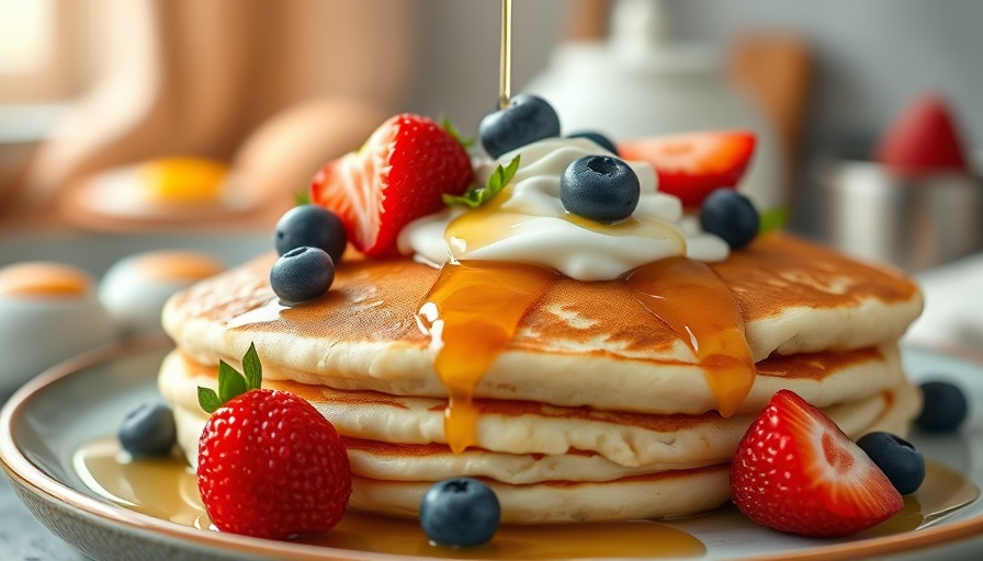 Delicious cottage cheese pancakes with berries and syrup.
