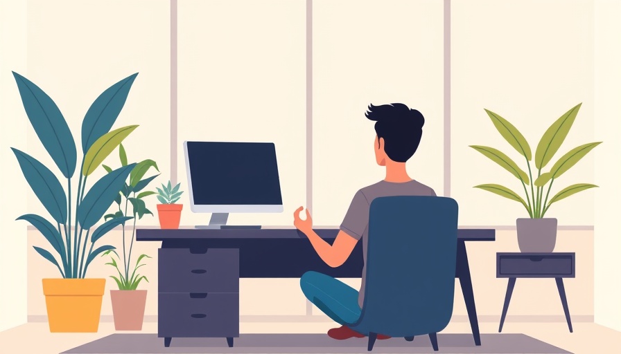 Illustration of desk meditation benefits in a calm workspace.