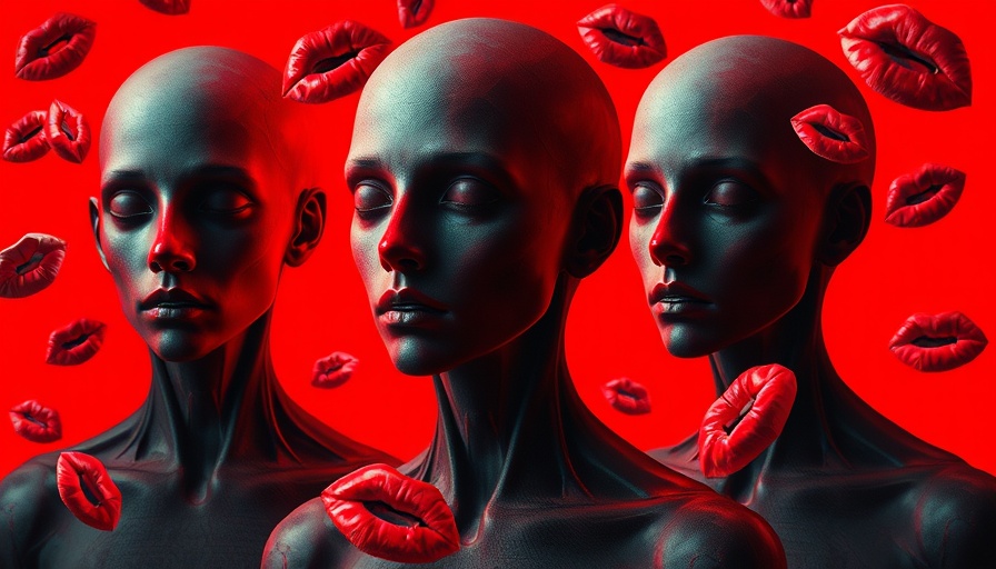 Surreal artwork depicting AI psychosis with faceless figures and lips.
