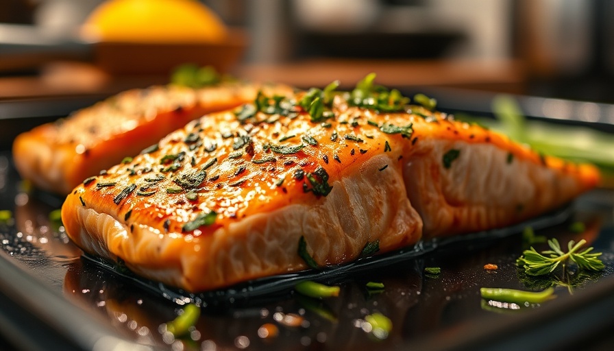 Baked Lemon Herb Salmon garnished with herbs on a tray.