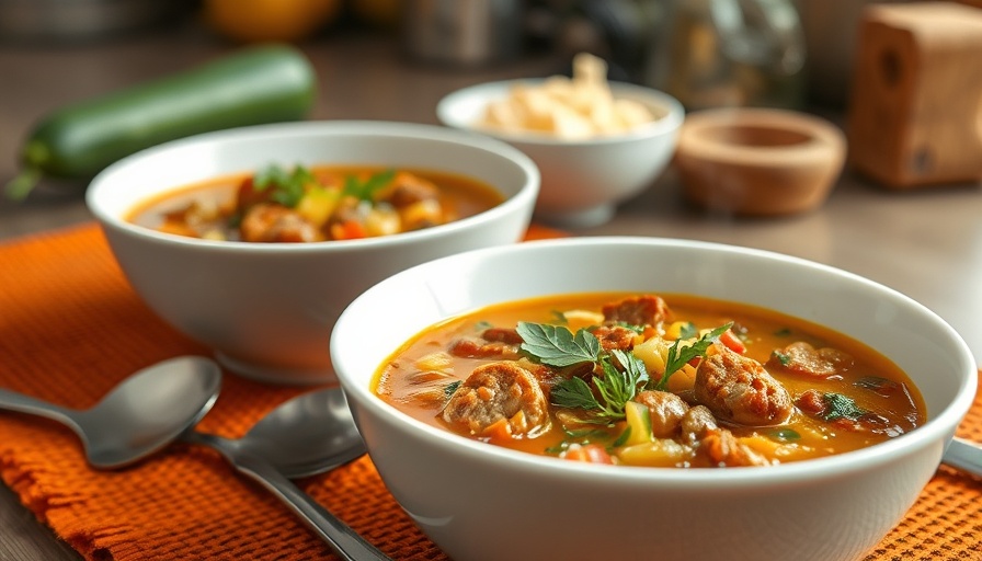 Italian sausage zucchini soup in white bowls with cheese on orange mat.