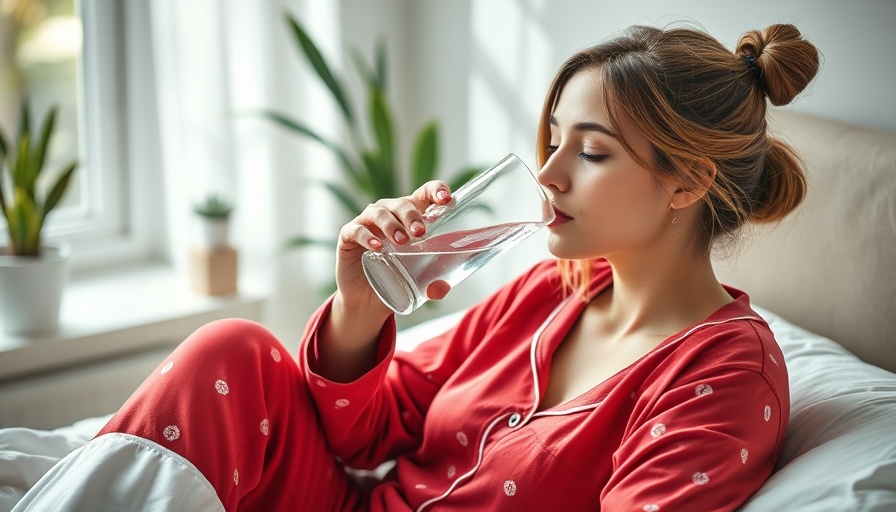 Woman in pajamas enjoying hydrogen-rich water benefits in cozy bedroom.