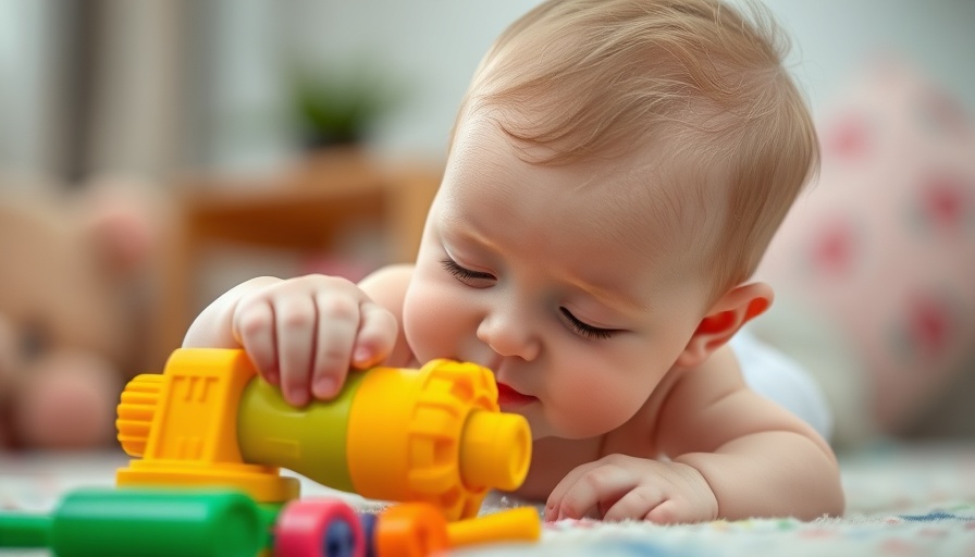 Baby interacting with colorful toy representing childhood plastic exposure health risks.
