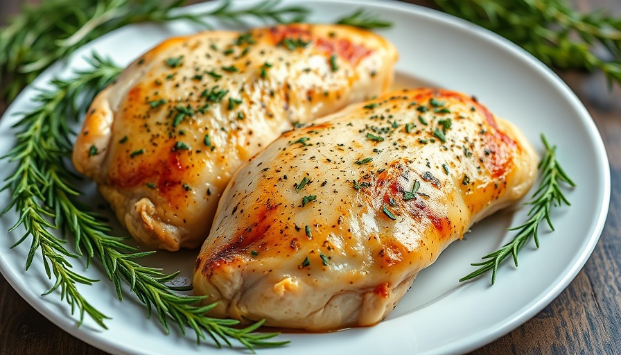 Bone-in chicken breast recipe with herbs on a white plate.