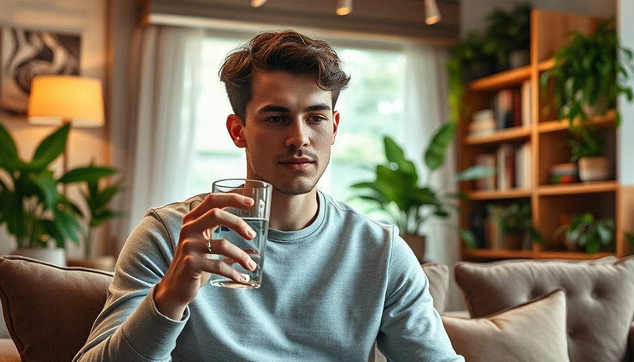 Young man drinking water, highlighting hydration and mental health.