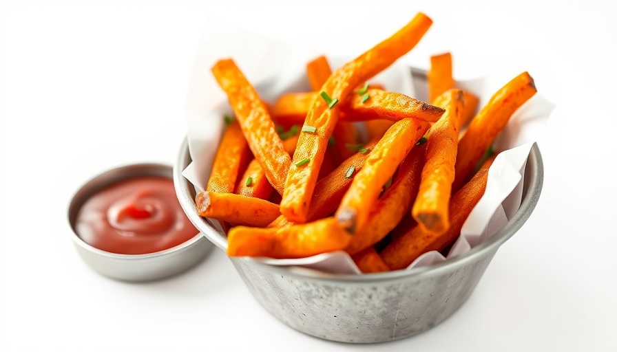 Crispy air fryer sweet potato fries with ketchup on rustic plate.