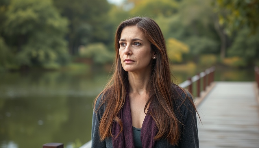 Concerned woman standing on walkway by a lake, natural setting.
