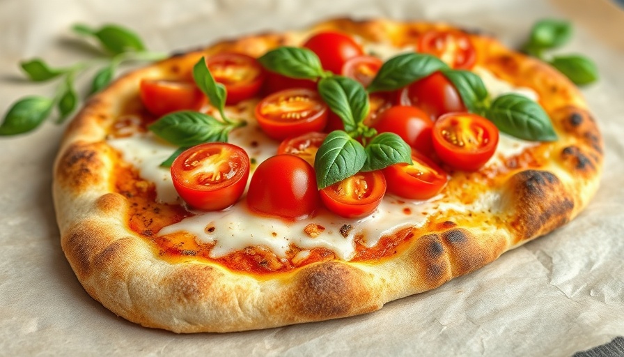 Healthy flatbread pizza with cherry tomatoes and basil.