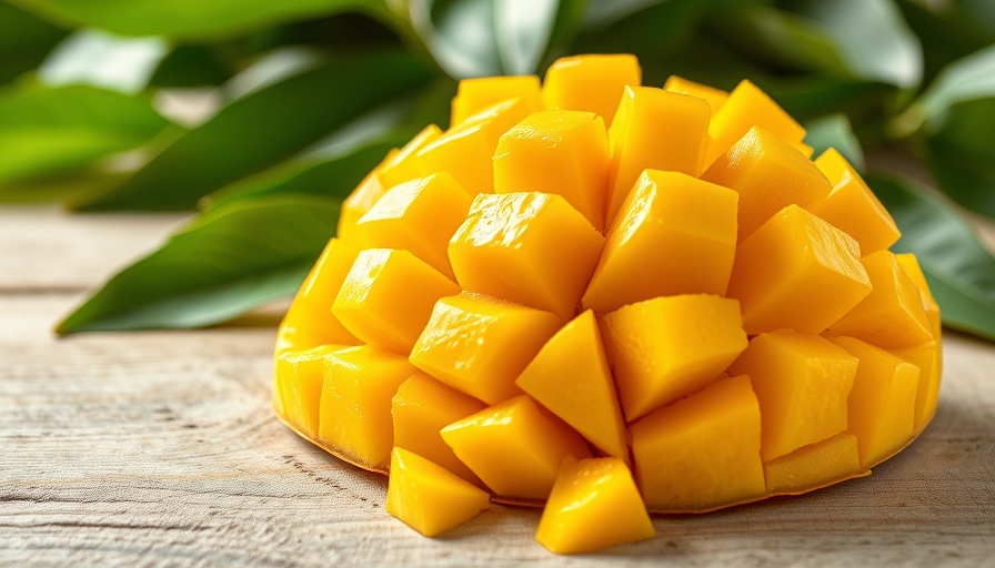 Diabetes risk management with high-sugar fruits: ripe mango cubes on wood.