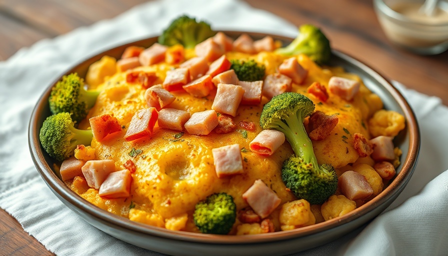 Golden Low-Carb Breakfast Bake with broccoli and ham in a dish.