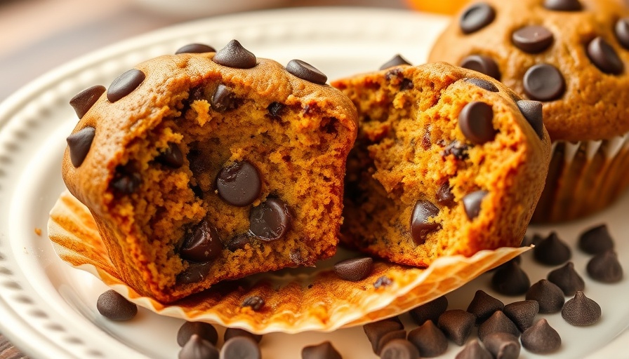 Pumpkin Banana Flax Chocolate Chip Muffins with melty chips on plate.