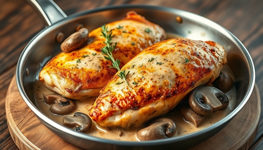 Savory creamy mushroom chicken recipe in skillet.