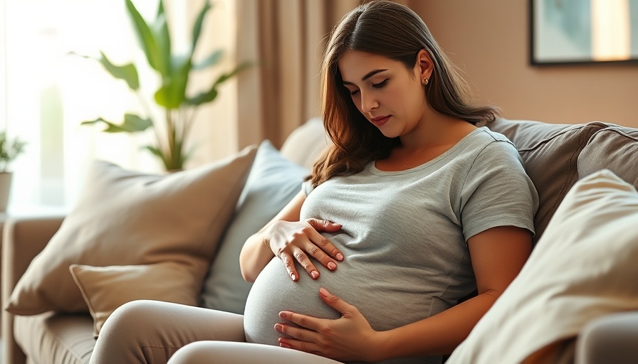 Pregnant woman on sofa experiencing morning sickness, cozy home setting.