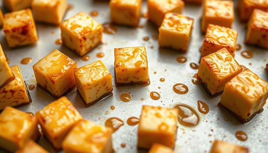 Close-up of baked tofu cubes on a baking sheet.