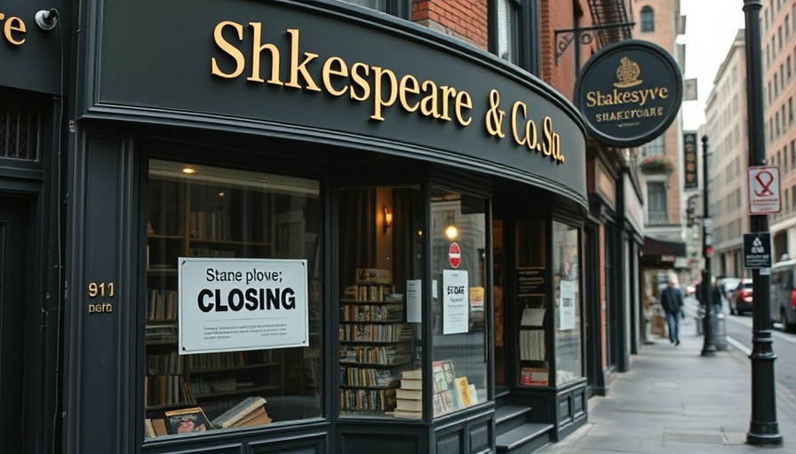 Shakespeare & Co. bookstore storefront displaying closing signs.