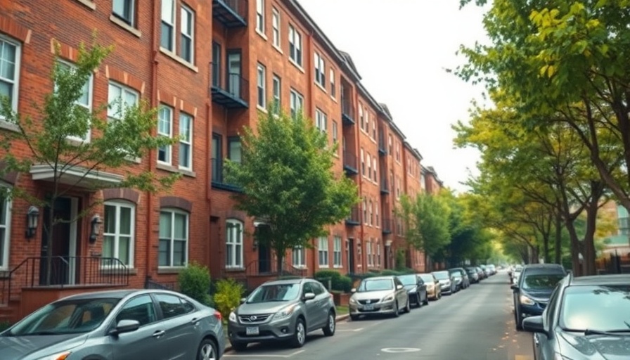 Urban street view with residential building and signage.