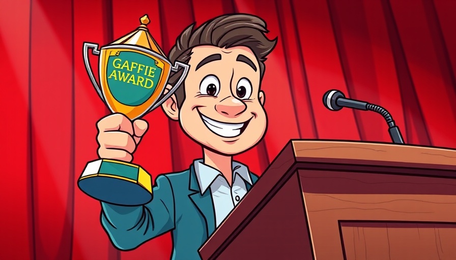 Cartoon figure at podium holding Gaffie Award 2025, colorful scene.