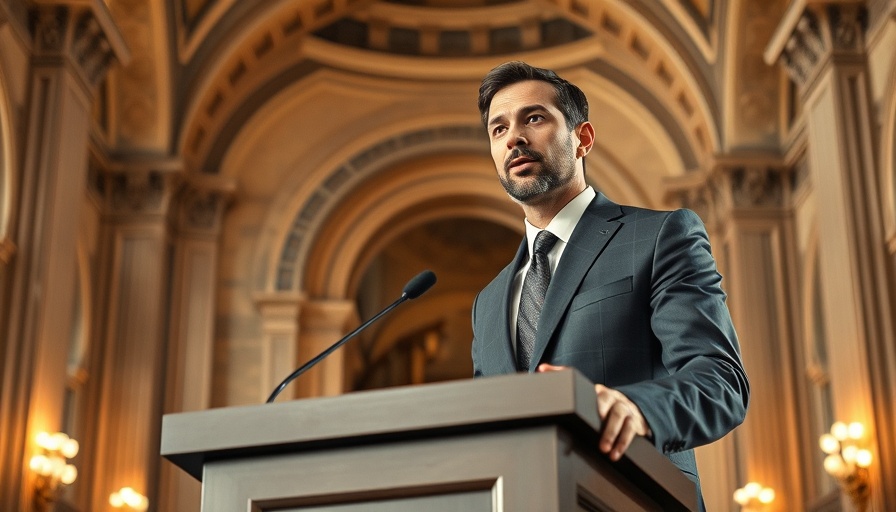 Confident speaker in New York City hall reflects values.
