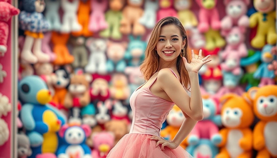 Playful woman in pink dress at Toy Fair 2025 with plush toys.