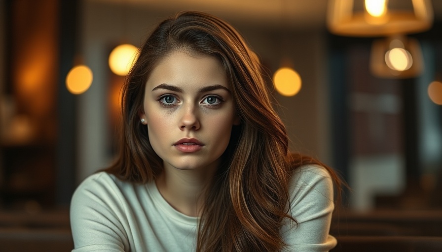 Young woman with brown hair sitting indoors, cinematic photo.