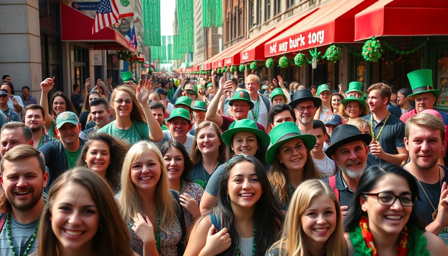 Celebrate St. Patrick's Day Season with a jubilant crowd on a festive street.