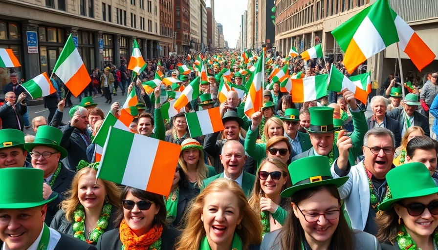 Festive crowd at St. Patrick's Day events NYC, waving flags