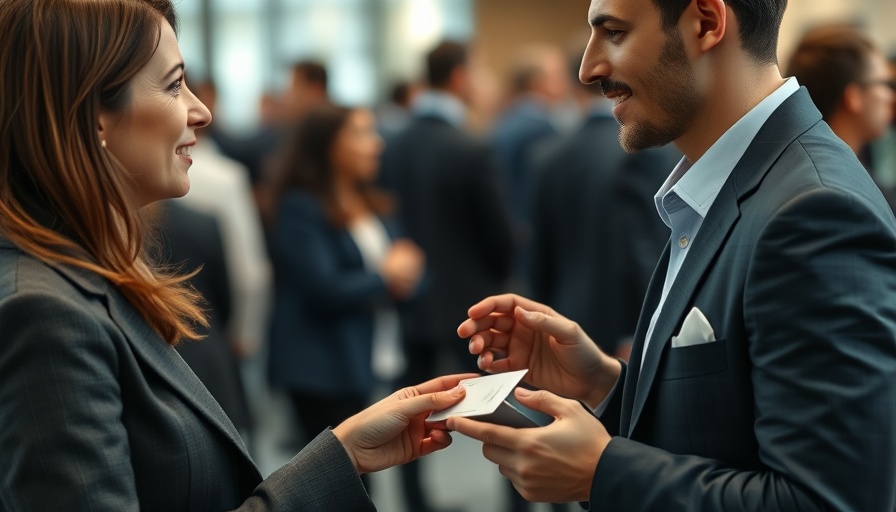 Professionals exchanging business cards at a networking event, showcasing AI Networking Tools for Small Businesses.